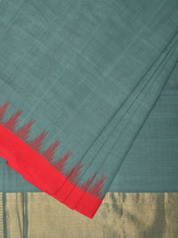 Thumbnail for Sea Blue Khadi Cotton Handloom Plain Saree with Temple Border Design - Global Threads - Distacart