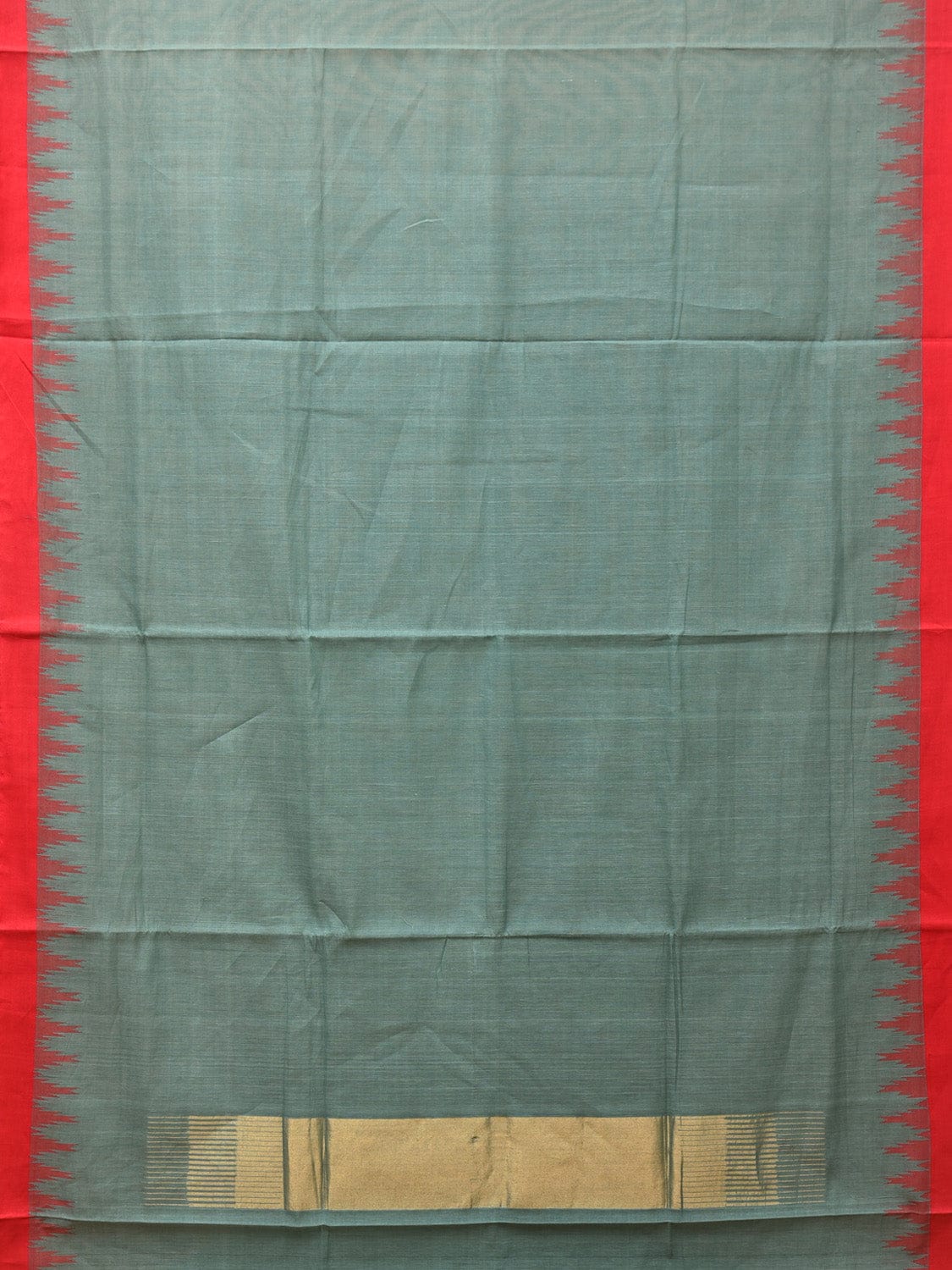 Sea Blue Khadi Cotton Handloom Plain Saree with Temple Border Design - Global Threads - Distacart