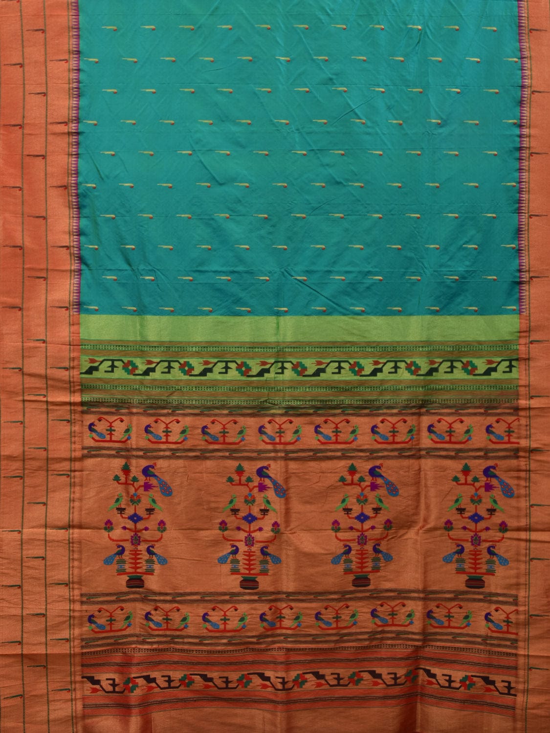 Sea Blue Paithani Silk Handloom Saree with Triple Muniya Border Design - Global Threads - Distacart
