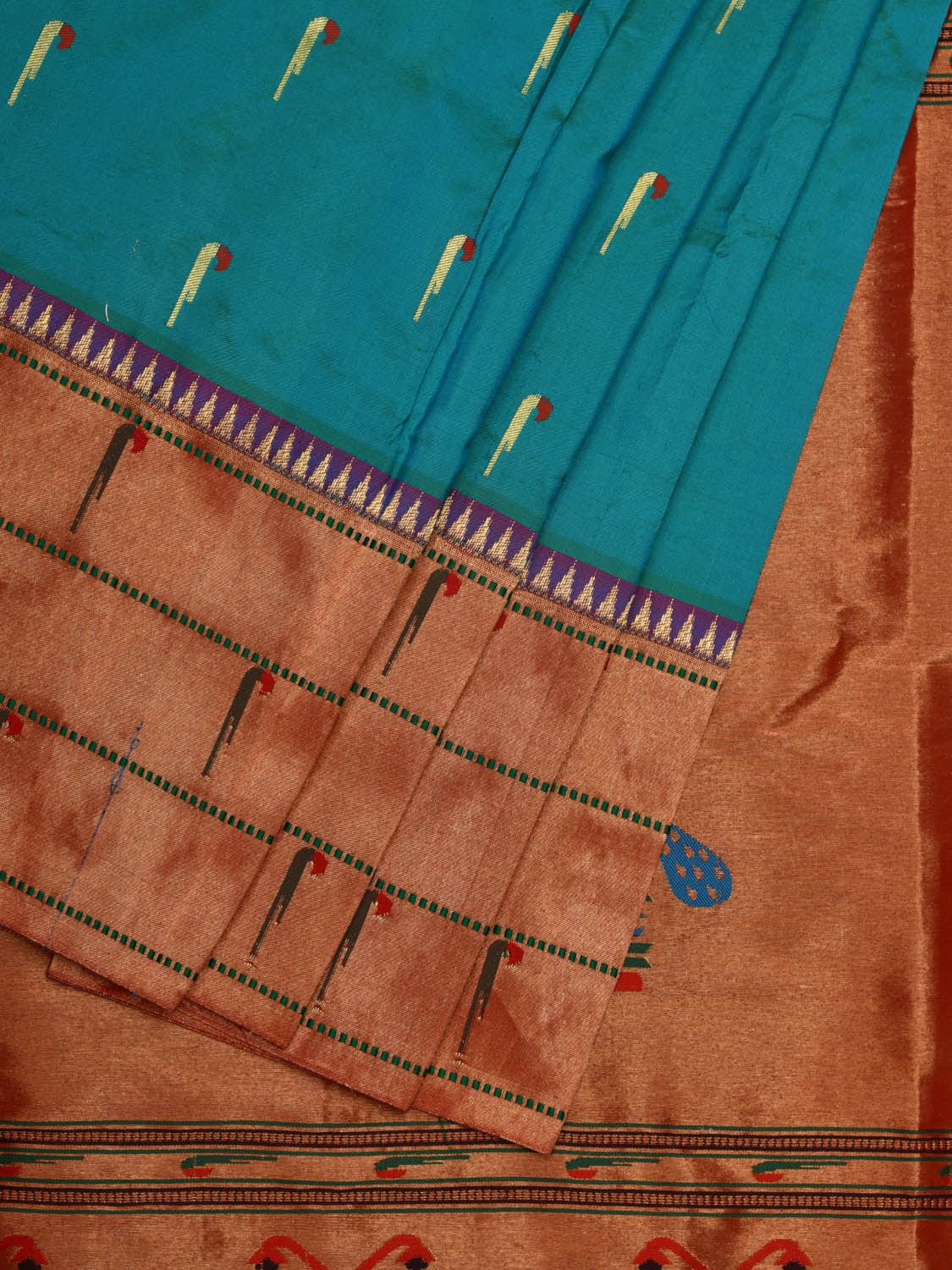Sea Blue Paithani Silk Handloom Saree with Triple Muniya Border Design - Global Threads - Distacart