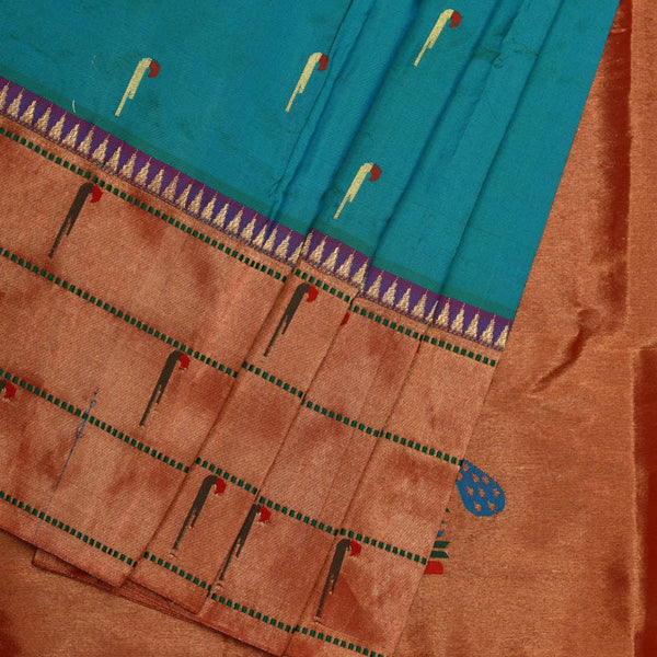 Sea Blue Paithani Silk Handloom Saree with Triple Muniya Border Design - Global Threads - Distacart