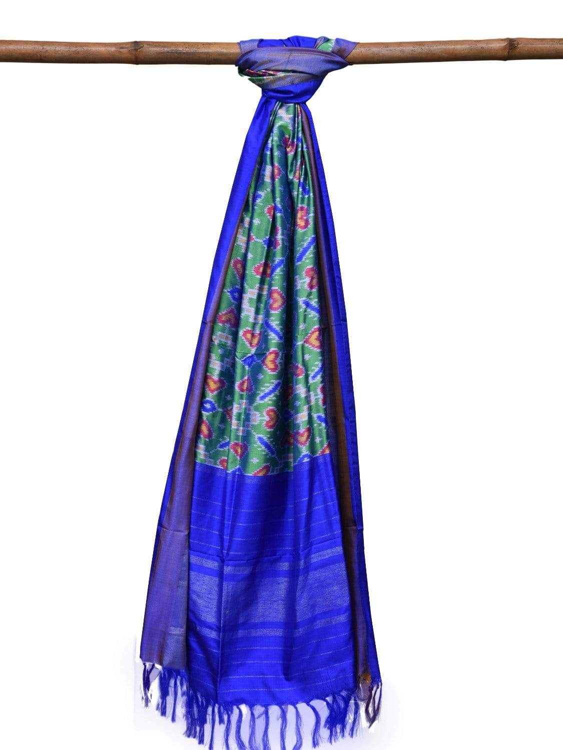 Sea Green and Blue Pochampally Ikat Silk Handloom Dupatta with All Over Design - Global Threads - Distacart
