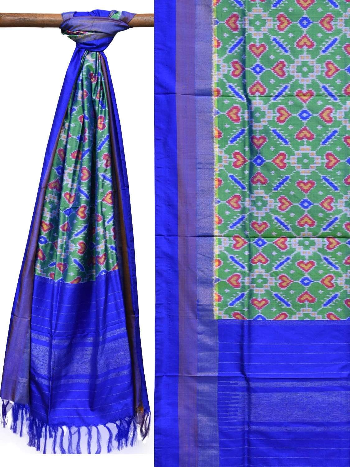 Sea Green and Blue Pochampally Ikat Silk Handloom Dupatta with All Over Design - Global Threads - Distacart