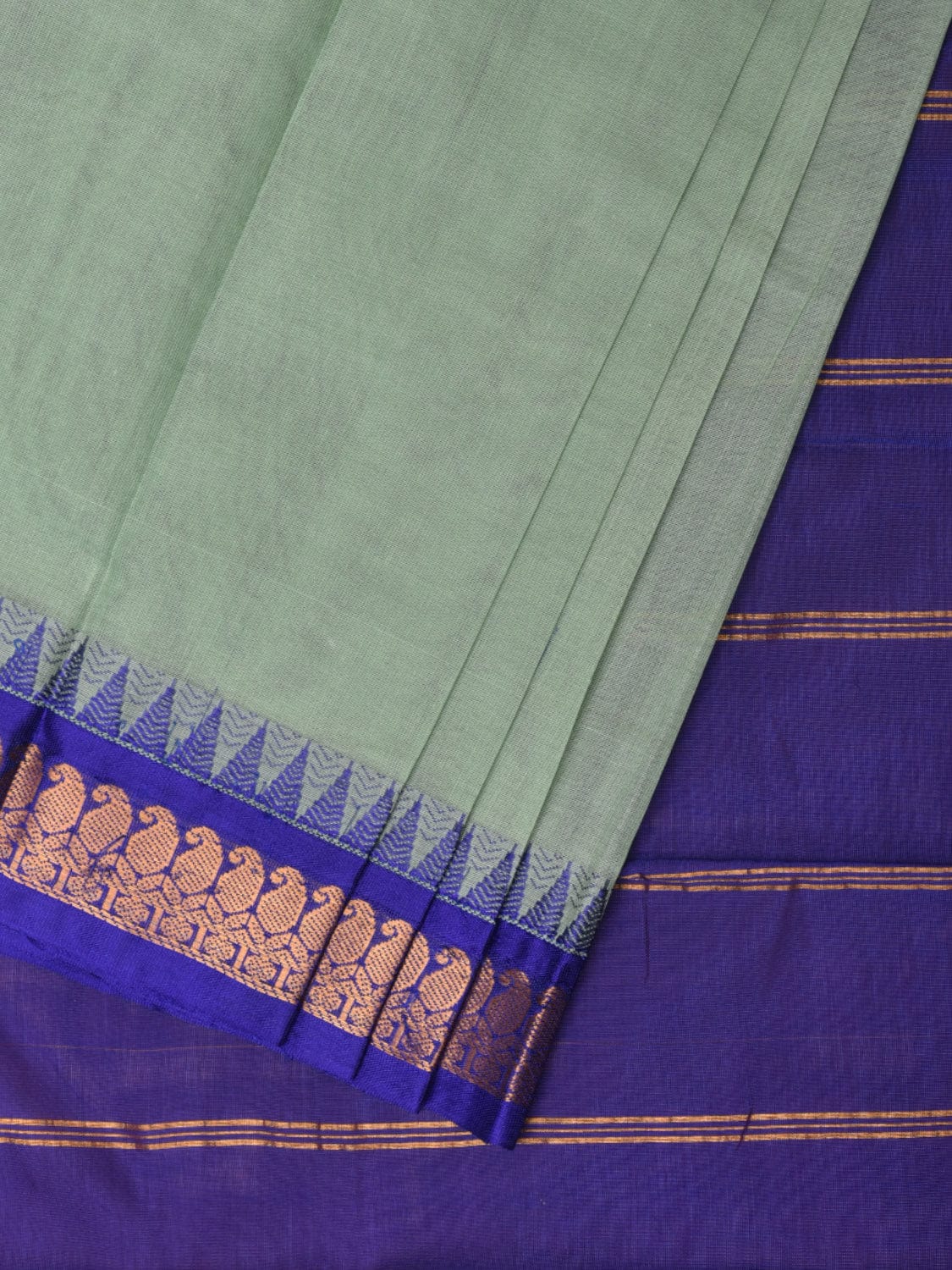 Sea Green and Dark Blue Gadwal Cotton Plain Saree with Small Border Design No Blouse - Global Threads - Distacart
