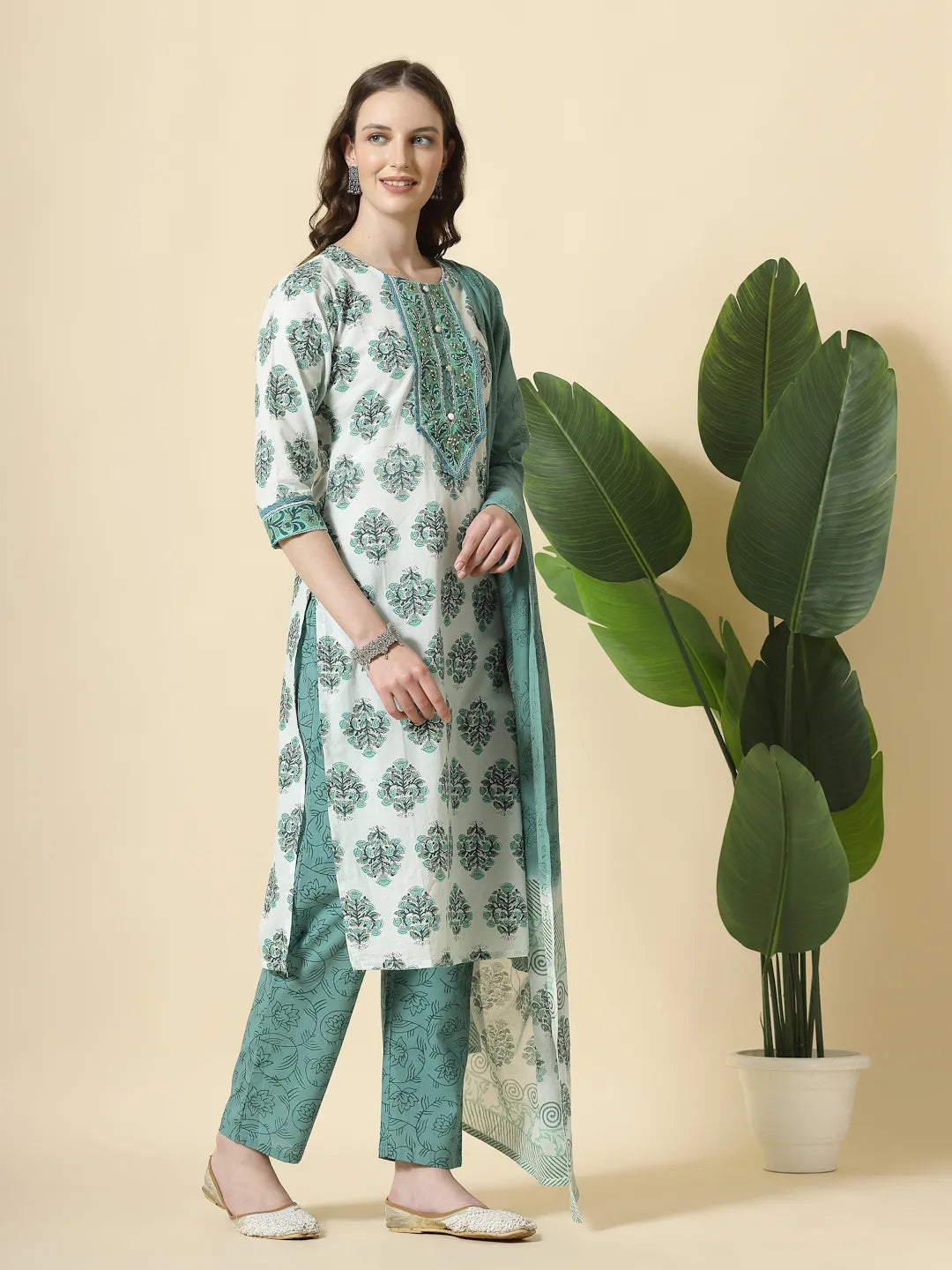 Yufta Sea Green And White Cotton Cutdana Work Kurta Set With Pant & Dupatta - Distacart
