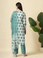 Thumbnail for Yufta Sea Green And White Cotton Cutdana Work Kurta Set With Pant & Dupatta
