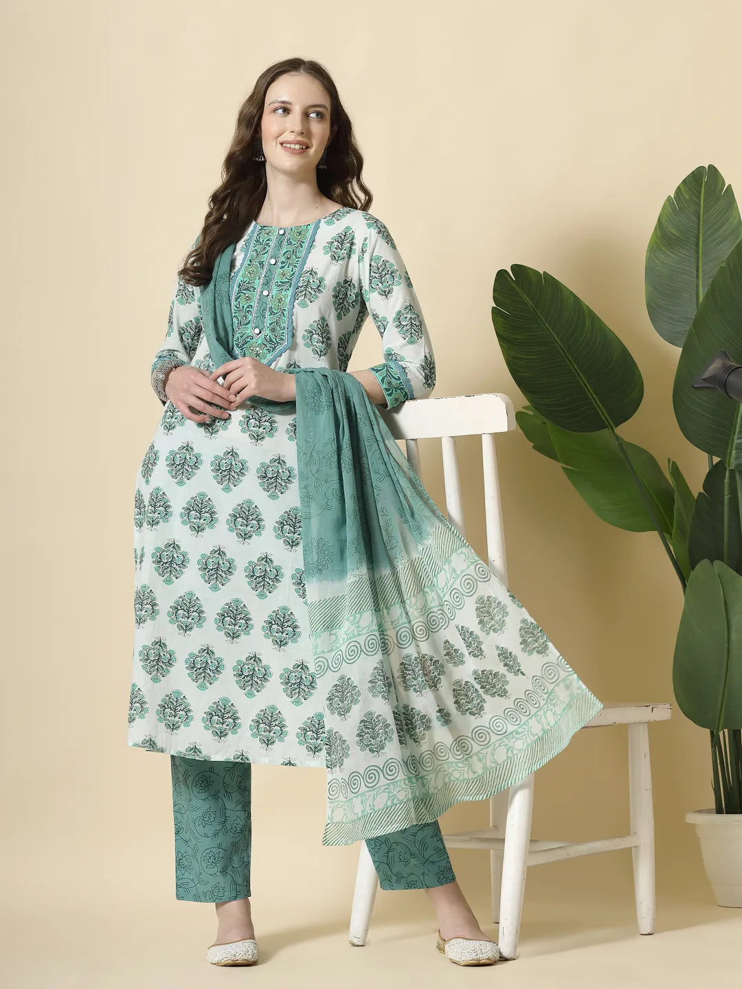 Yufta Sea Green And White Cotton Cutdana Work Kurta Set With Pant & Dupatta