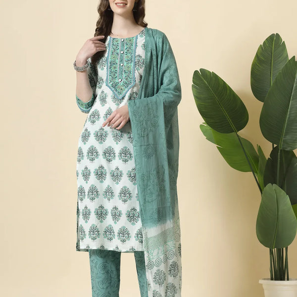 Yufta Sea Green And White Cotton Cutdana Work Kurta Set With Pant & Dupatta - Distacart