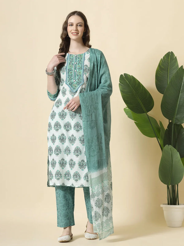 Yufta Sea Green And White Cotton Cutdana Work Kurta Set With Pant & Dupatta