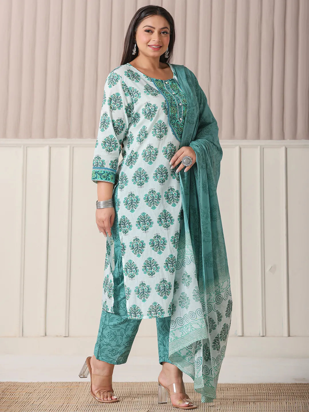 Yufta Sea Green And White Cotton Cutdana Work Plus Size Kurta Set With Pant & Dupatta - Distacart