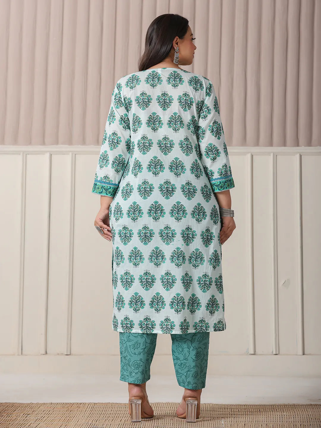 Yufta Sea Green And White Cotton Cutdana Work Plus Size Kurta Set With Pant & Dupatta