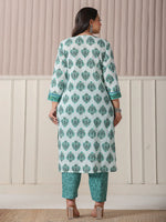 Thumbnail for Yufta Sea Green And White Cotton Cutdana Work Plus Size Kurta Set With Pant & Dupatta