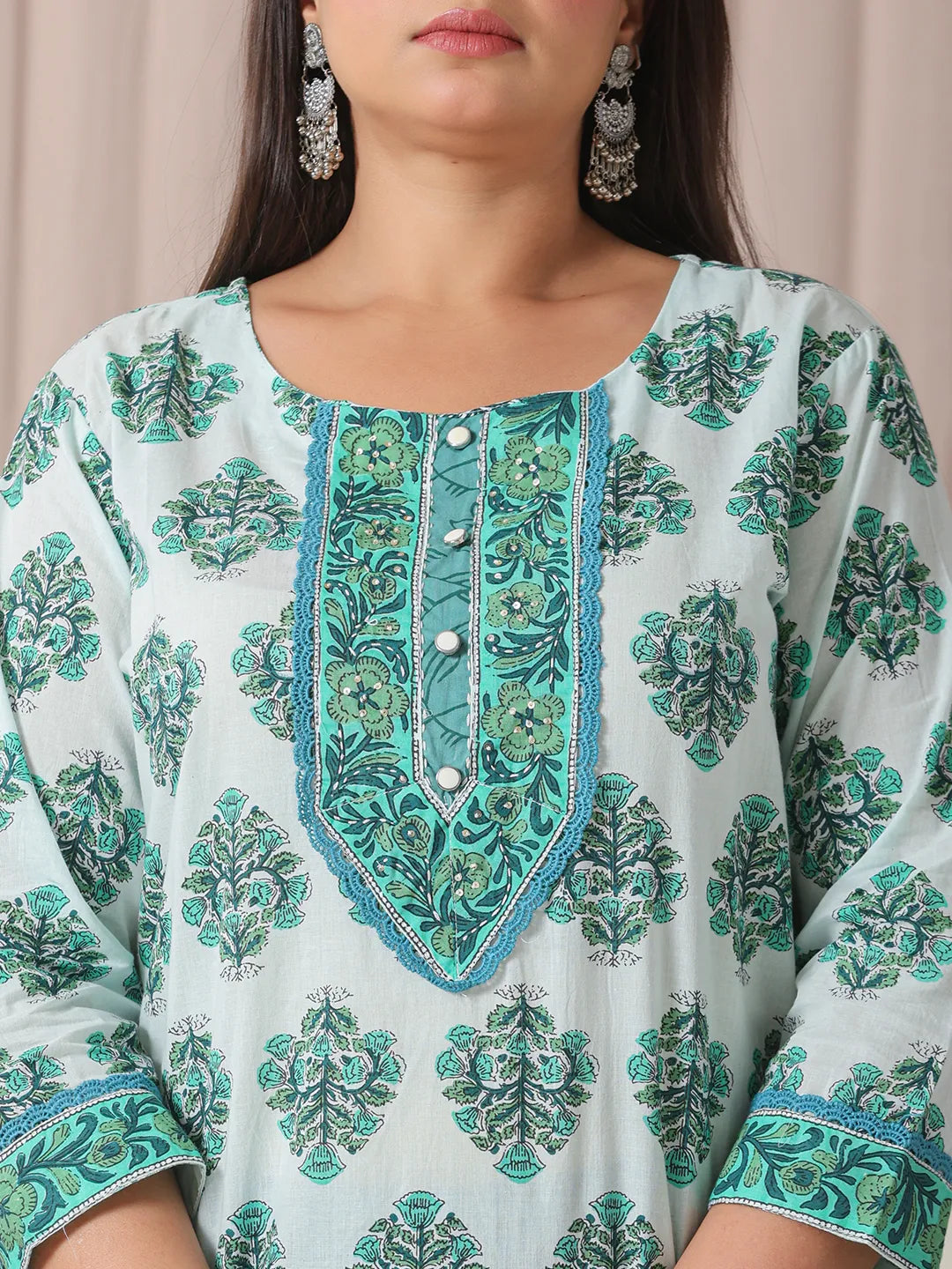 Yufta Sea Green And White Cotton Cutdana Work Plus Size Kurta Set With Pant & Dupatta