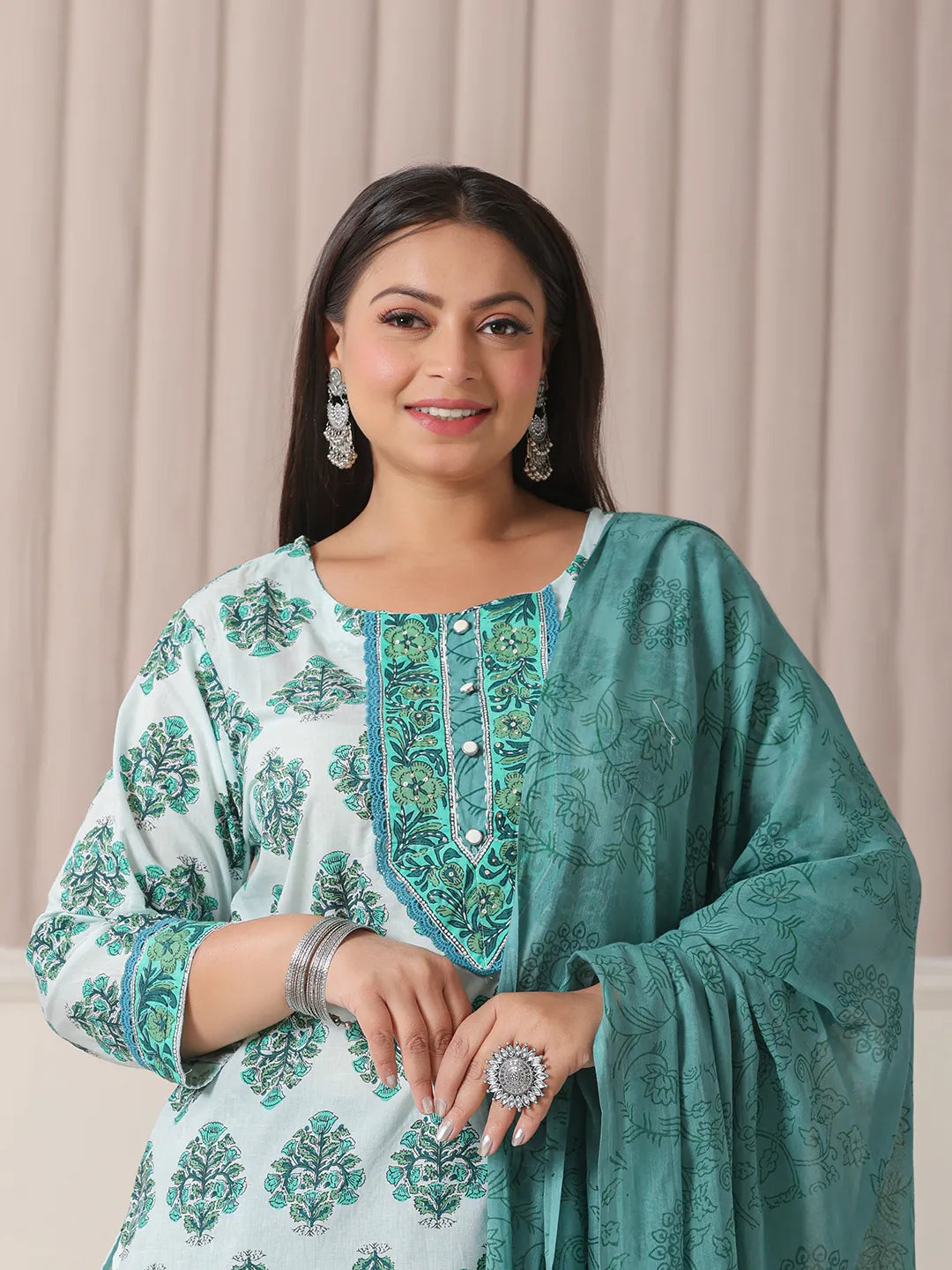 Yufta Sea Green And White Cotton Cutdana Work Plus Size Kurta Set With Pant & Dupatta