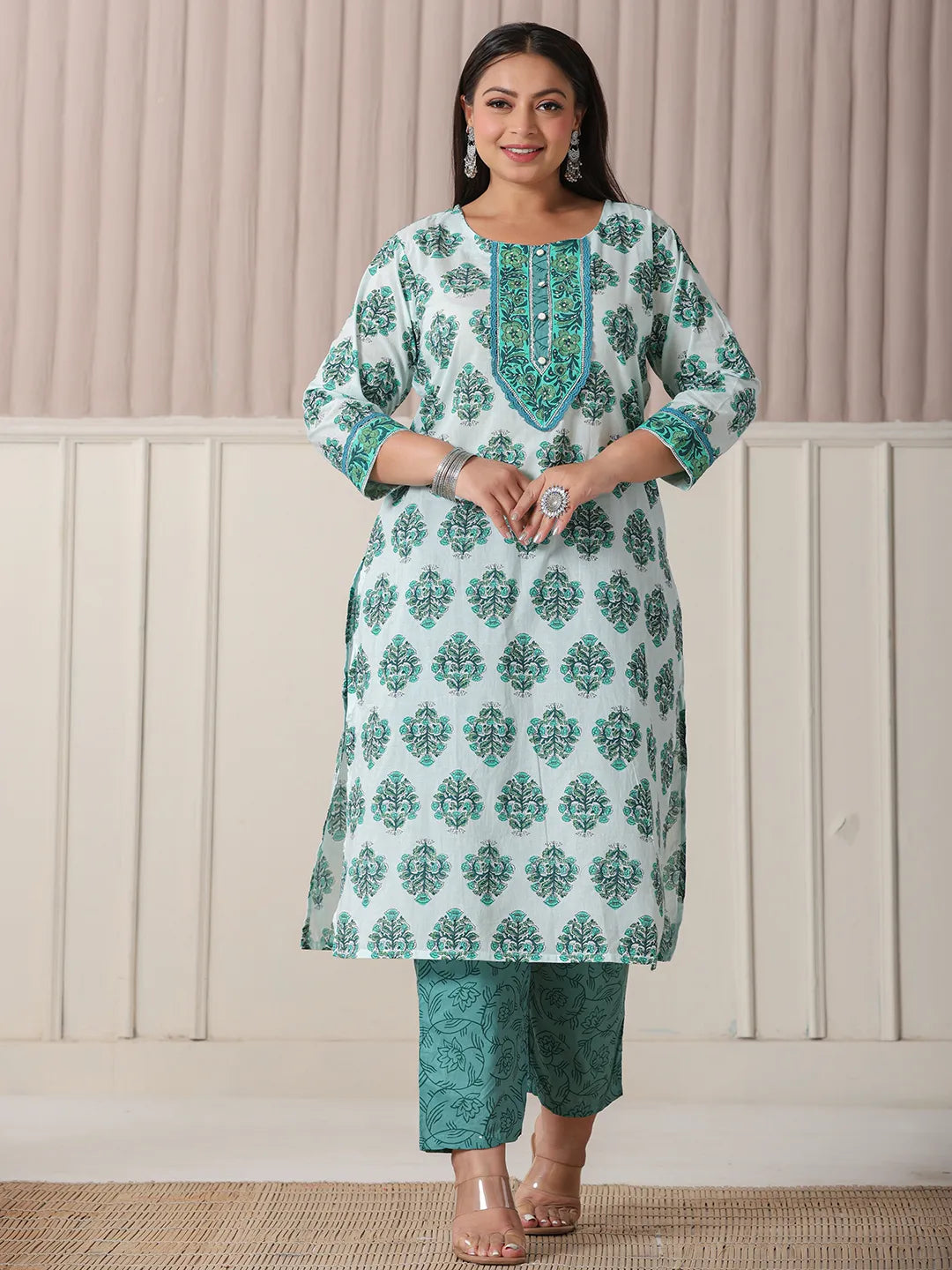 Yufta Sea Green And White Cotton Cutdana Work Plus Size Kurta Set With Pant & Dupatta