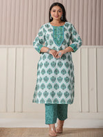 Thumbnail for Yufta Sea Green And White Cotton Cutdana Work Plus Size Kurta Set With Pant & Dupatta