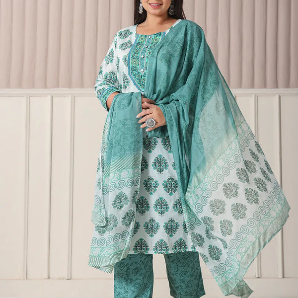 Yufta Sea Green And White Cotton Cutdana Work Plus Size Kurta Set With Pant & Dupatta - Distacart