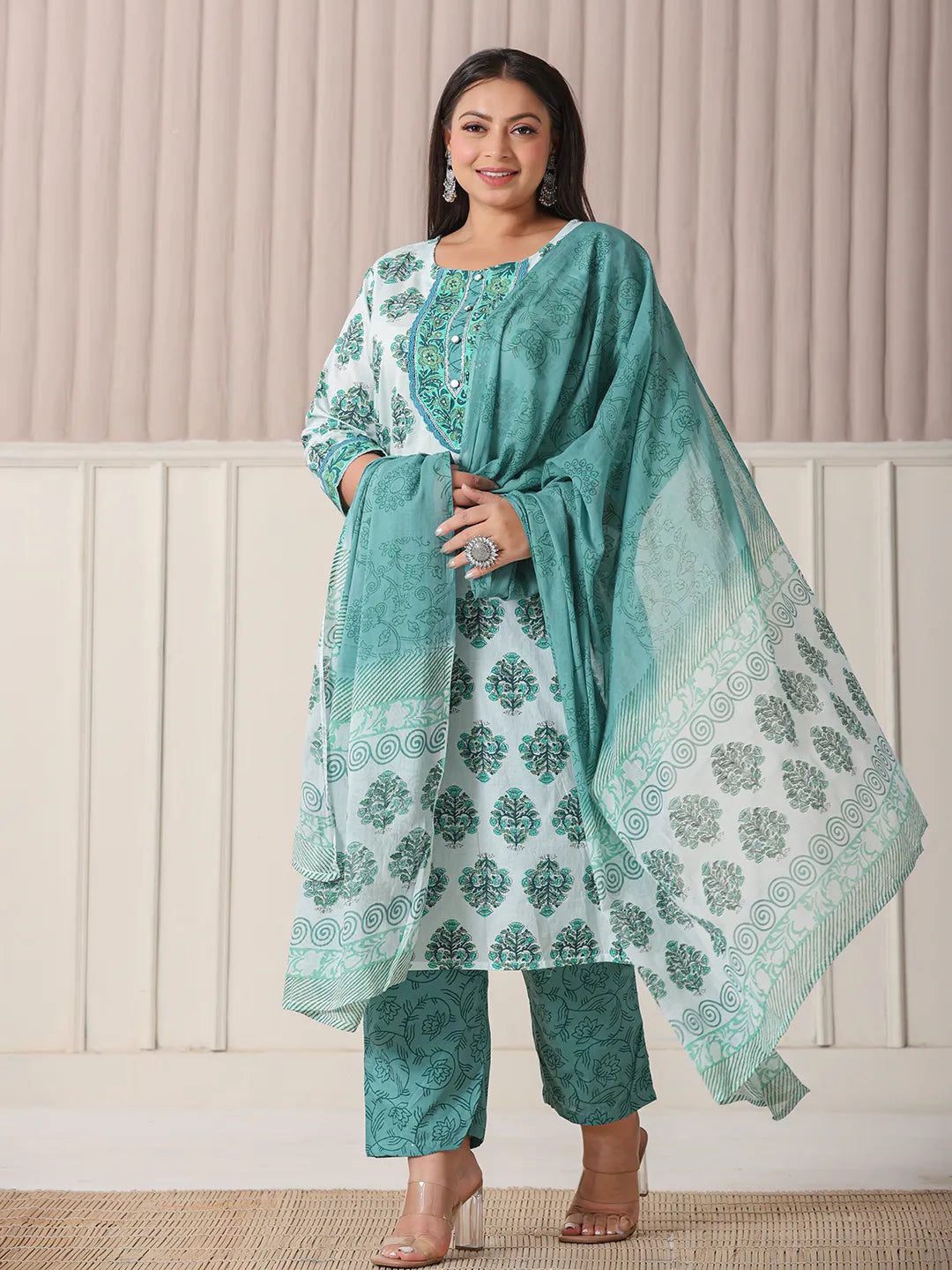 Yufta Sea Green And White Cotton Cutdana Work Plus Size Kurta Set With Pant & Dupatta - Distacart