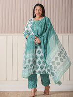 Thumbnail for Yufta Sea Green And White Cotton Cutdana Work Plus Size Kurta Set With Pant & Dupatta