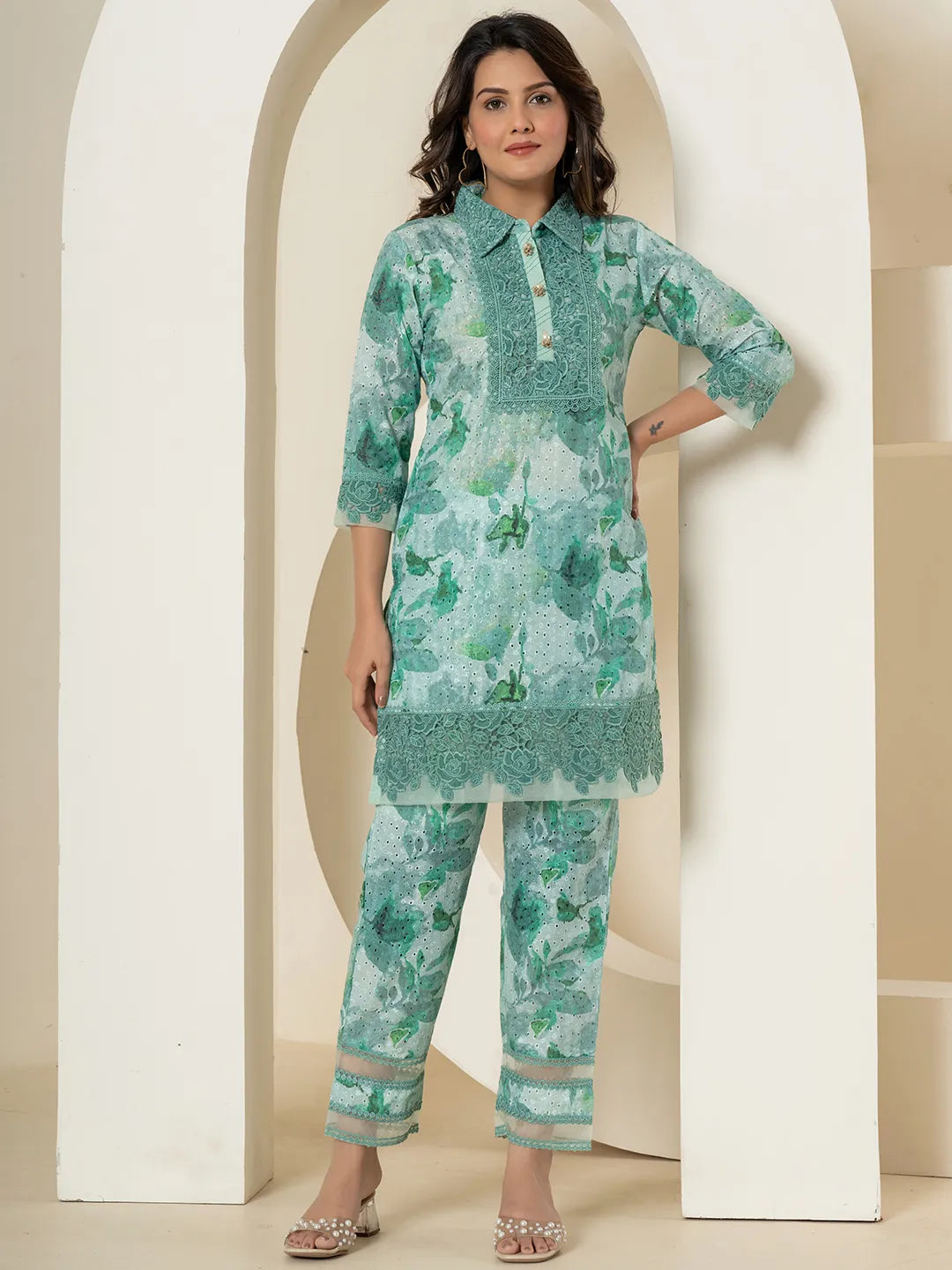 Yufta Sea Green Cotton Schiffli Co-Ord Set With Lace Detailing - Distacart