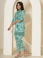 Thumbnail for Yufta Sea Green Cotton Schiffli Co-Ord Set With Lace Detailing