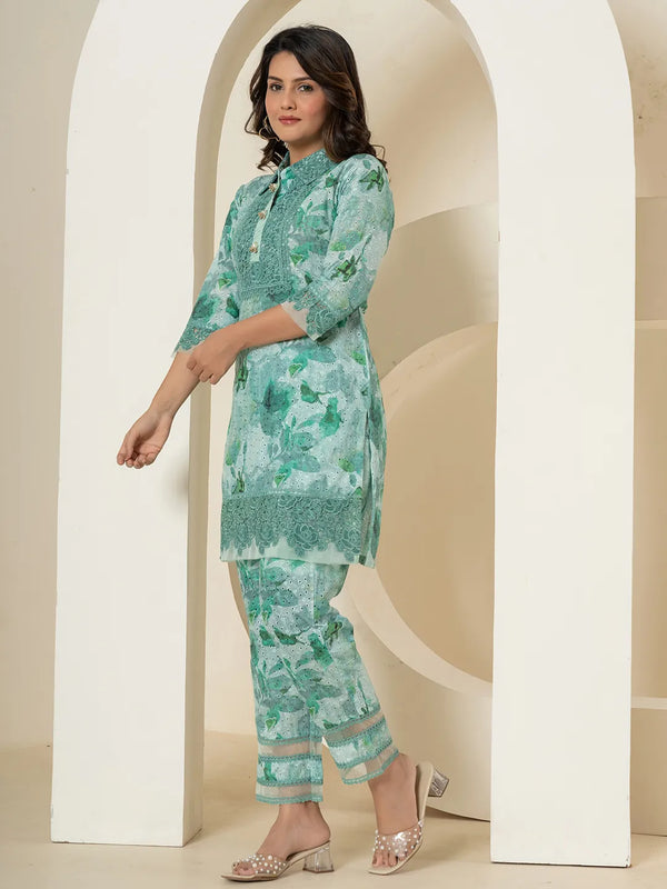 Yufta Sea Green Cotton Schiffli Co-Ord Set With Lace Detailing