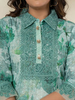 Thumbnail for Yufta Sea Green Cotton Schiffli Co-Ord Set With Lace Detailing