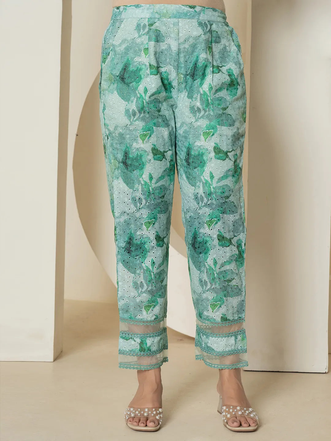 Yufta Sea Green Cotton Schiffli Co-Ord Set With Lace Detailing