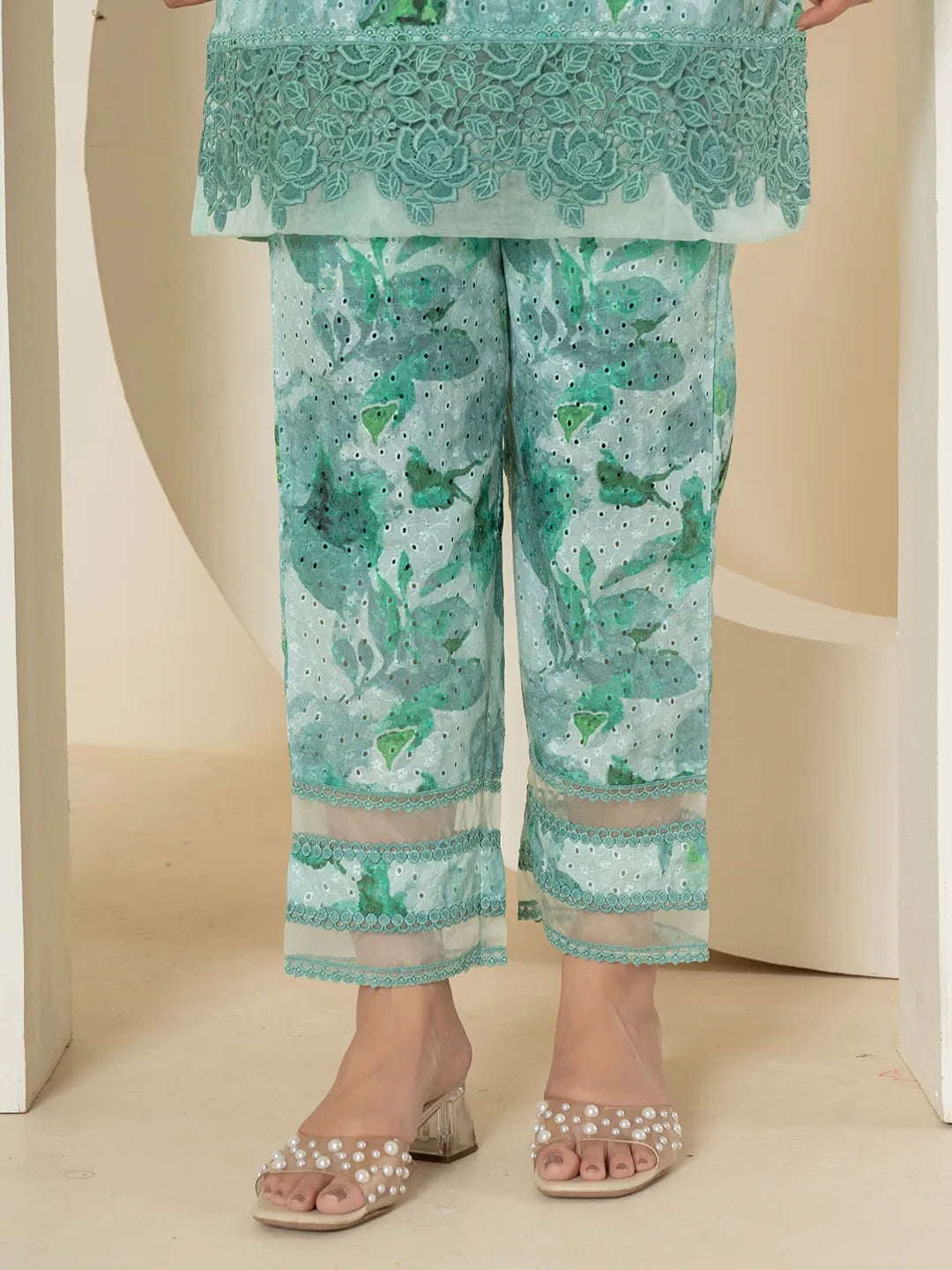 Yufta Sea Green Cotton Schiffli Co-Ord Set With Lace Detailing