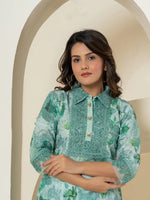 Thumbnail for Yufta Sea Green Cotton Schiffli Co-Ord Set With Lace Detailing