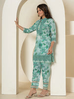 Thumbnail for Yufta Sea Green Cotton Schiffli Co-Ord Set With Lace Detailing