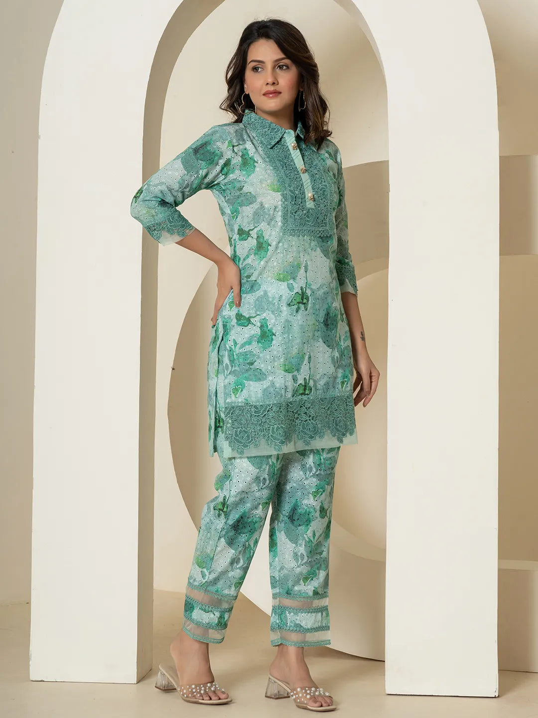 Yufta Sea Green Cotton Schiffli Co-Ord Set With Lace Detailing