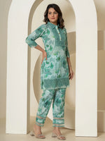 Thumbnail for Yufta Sea Green Cotton Schiffli Co-Ord Set With Lace Detailing
