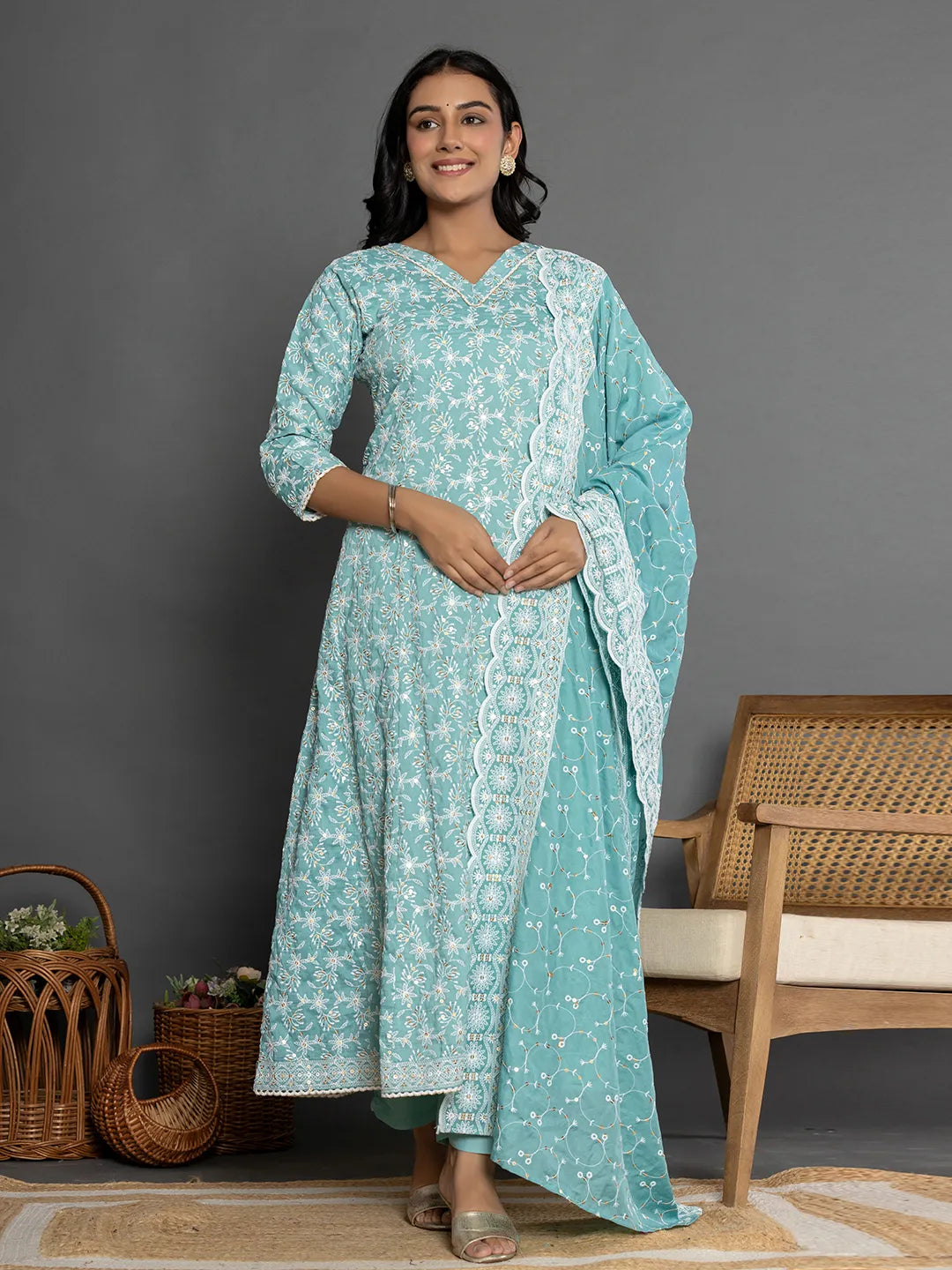 Yufta Sea Green Cotton Silk Embroidered Anarkali Kurta Dupatta Set - Distacart