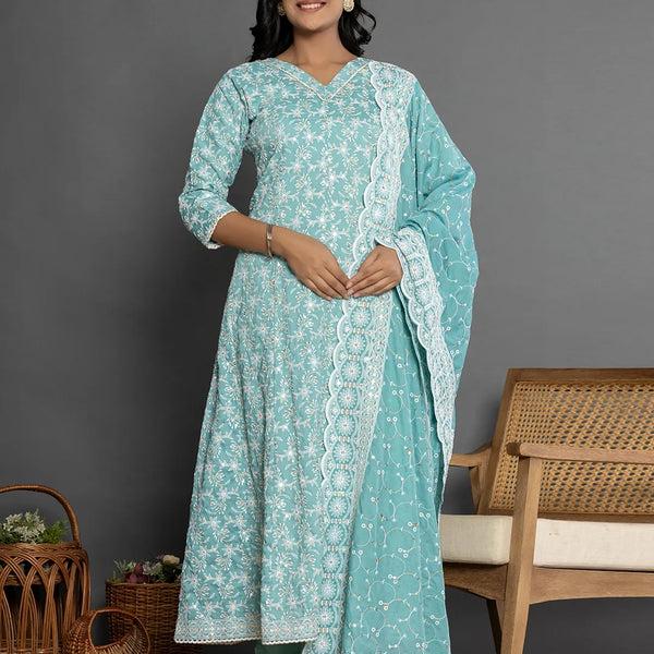 Yufta Sea Green Cotton Silk Embroidered Anarkali Kurta Dupatta Set - Distacart