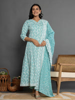 Thumbnail for Yufta Sea Green Cotton Silk Embroidered Anarkali Kurta Dupatta Set - Distacart