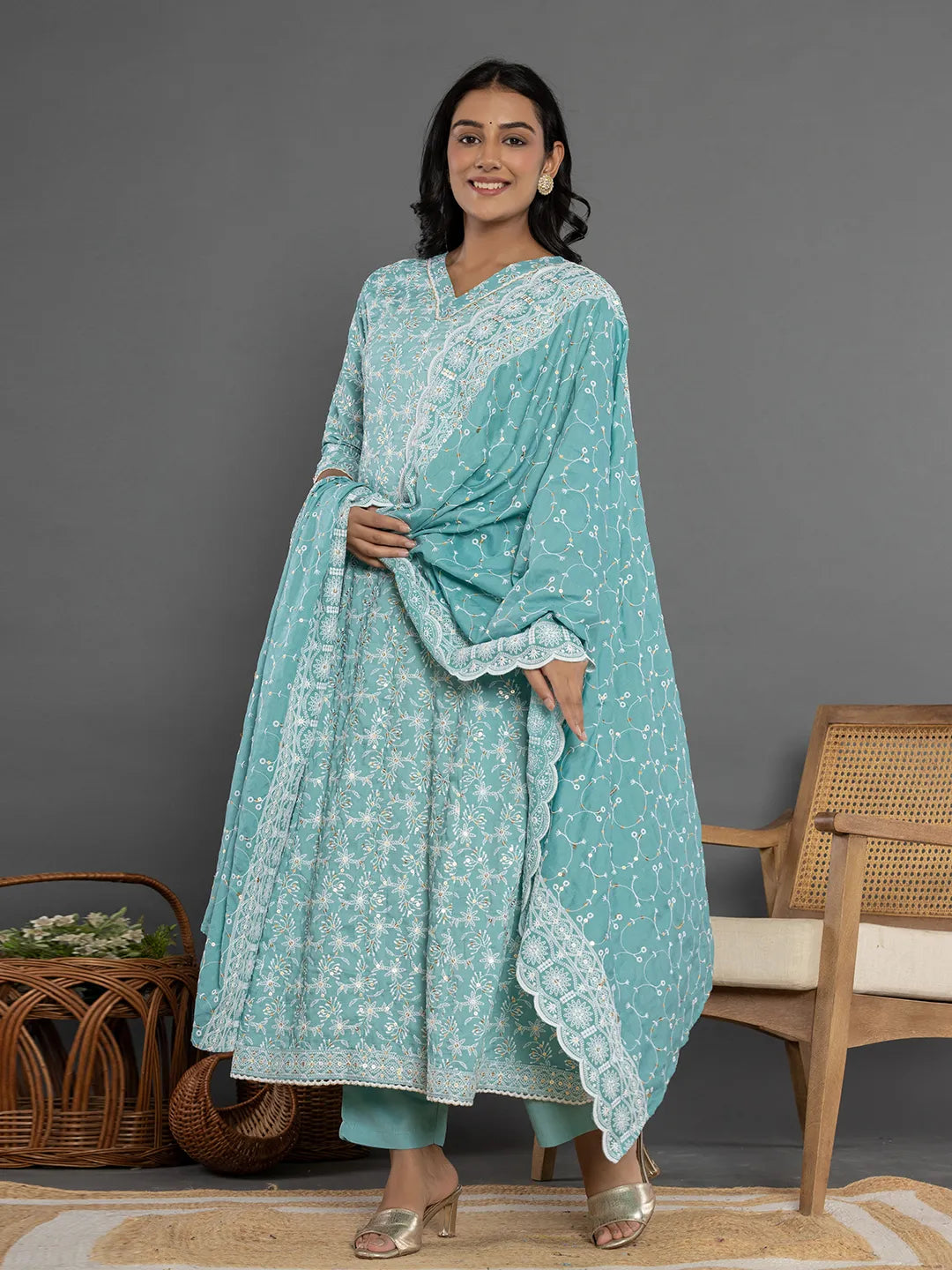 Yufta Sea Green Cotton Silk Embroidered Anarkali Kurta Dupatta Set - Distacart