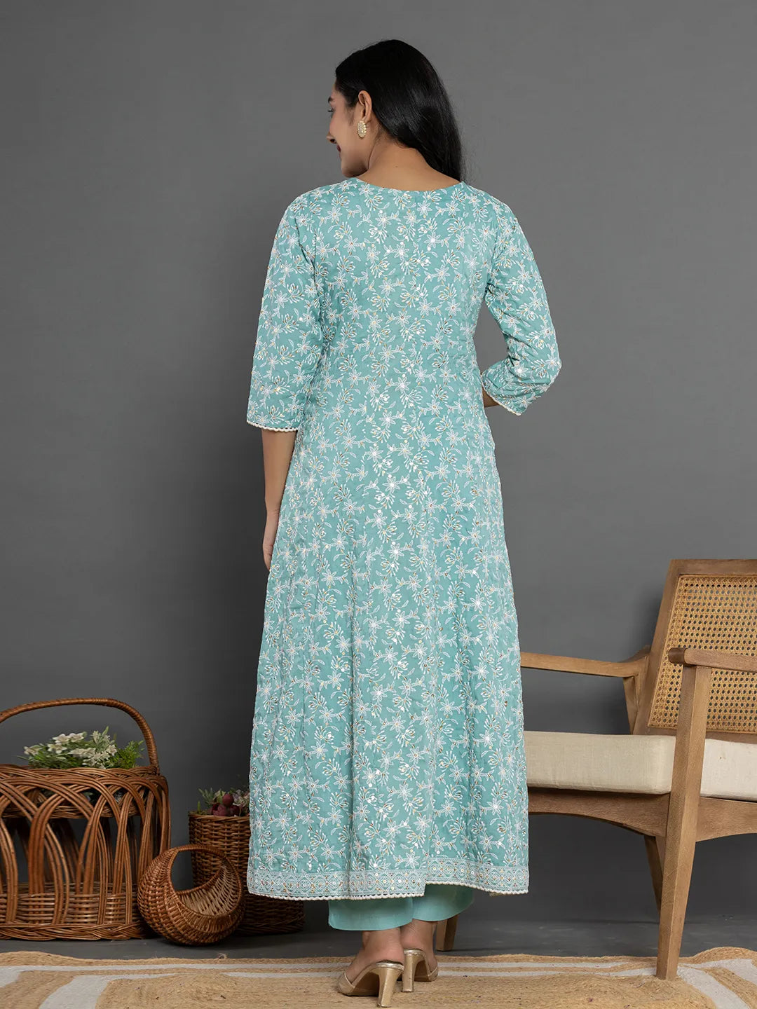Yufta Sea Green Cotton Silk Embroidered Anarkali Kurta Dupatta Set - Distacart