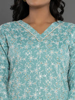 Thumbnail for Yufta Sea Green Cotton Silk Embroidered Anarkali Kurta Dupatta Set - Distacart