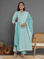 Thumbnail for Yufta Sea Green Cotton Silk Embroidered Anarkali Kurta Dupatta Set - Distacart