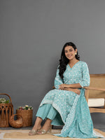 Thumbnail for Yufta Sea Green Cotton Silk Embroidered Anarkali Kurta Dupatta Set - Distacart