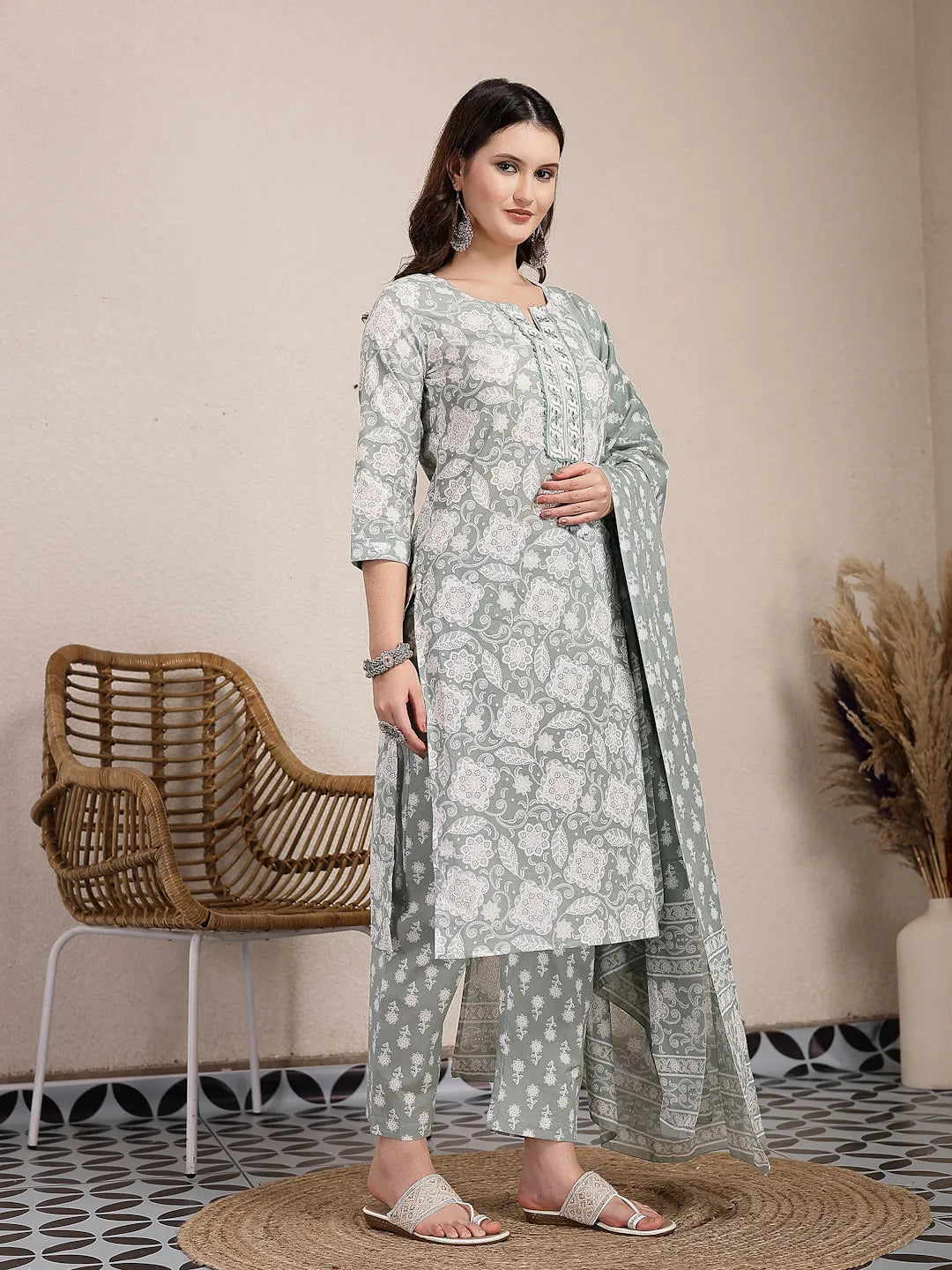 Yufta Sea Green Ethnic Motifs Print Straight Kurta Trouser Dupatta Set - Distacart