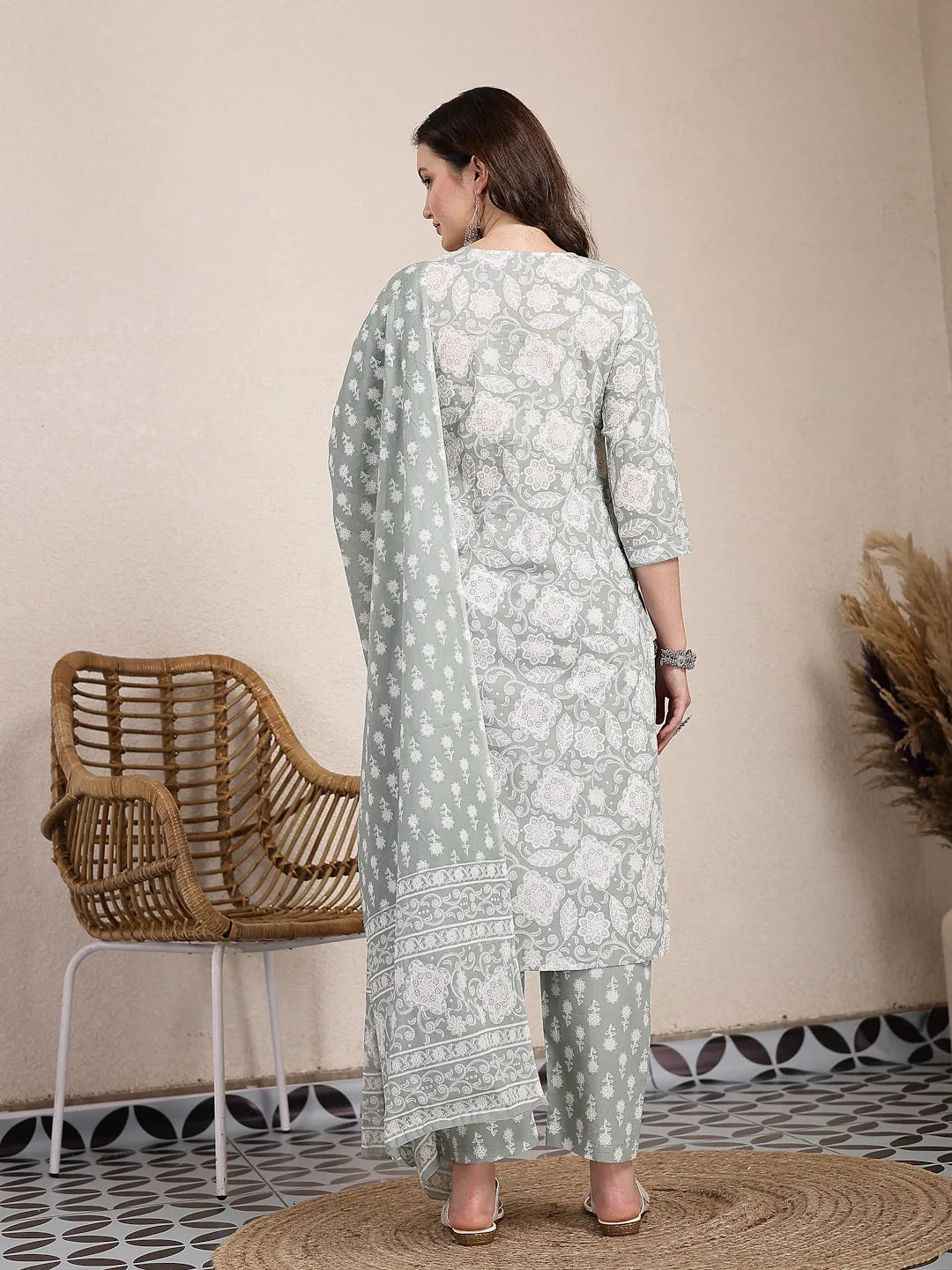 Yufta Sea Green Ethnic Motifs Print Straight Kurta Trouser Dupatta Set