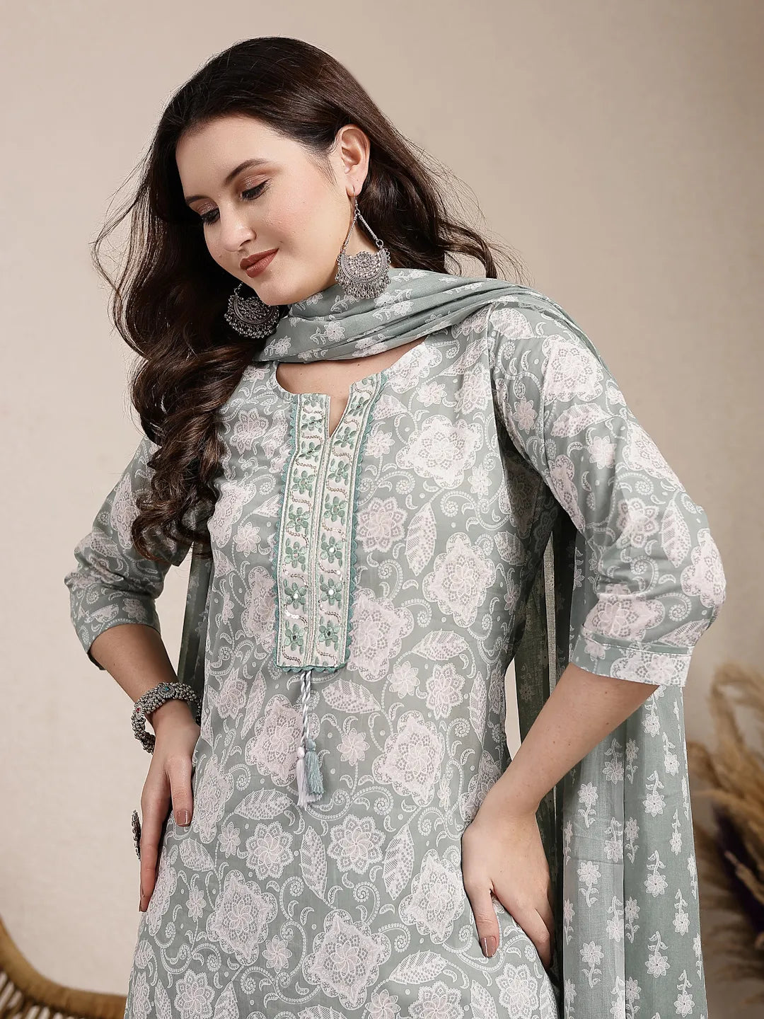 Yufta Sea Green Ethnic Motifs Print Straight Kurta Trouser Dupatta Set