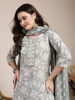 Thumbnail for Yufta Sea Green Ethnic Motifs Print Straight Kurta Trouser Dupatta Set