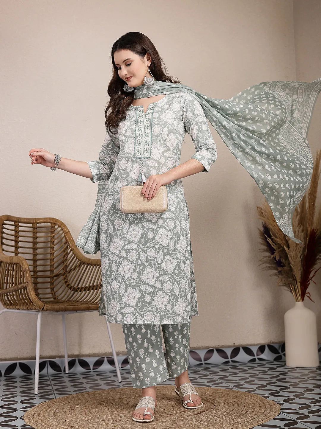 Yufta Sea Green Ethnic Motifs Print Straight Kurta Trouser Dupatta Set