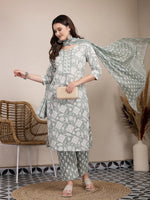 Thumbnail for Yufta Sea Green Ethnic Motifs Print Straight Kurta Trouser Dupatta Set