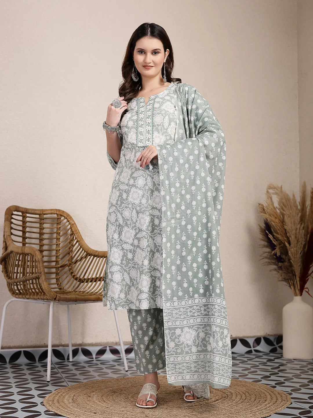 Yufta Sea Green Ethnic Motifs Print Straight Kurta Trouser Dupatta Set - Distacart