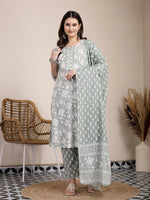 Thumbnail for Yufta Sea Green Ethnic Motifs Print Straight Kurta Trouser Dupatta Set
