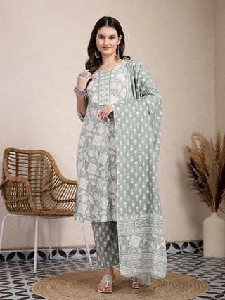 Yufta Sea Green Ethnic Motifs Print Straight Kurta Trouser Dupatta Set - Distacart